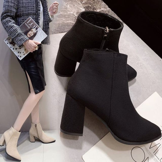Pointed Chunky Boots Ankle Heel