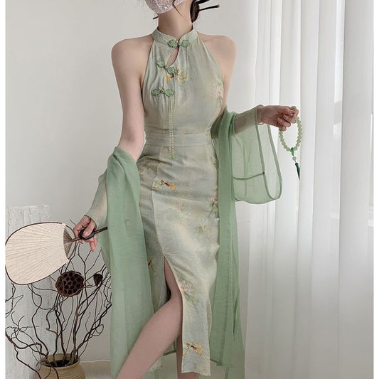 Sleeveless Halter Floral Midi Qipao / Light Jacket / Set