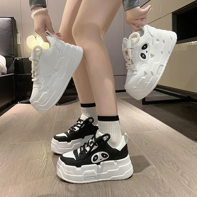 Lace-Up Applique Sneakers Platform Panda