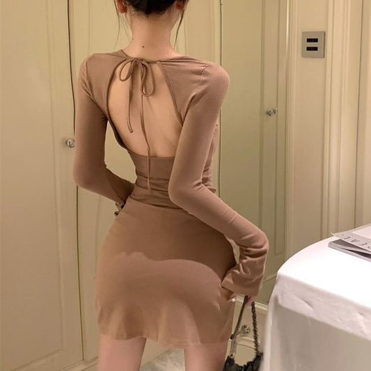 Plain Dress Crew Mini Back Neck Long-Sleeve Open Sheath