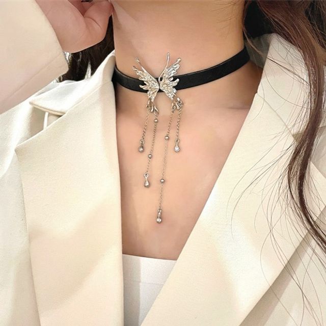 Choker Rhinestone Leather Butterfly Fringed Faux