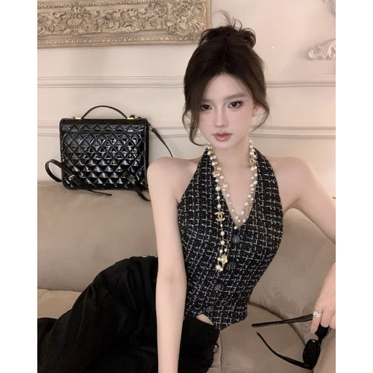 Halter Neck Plaid Tweed Button-Up Crop Vest