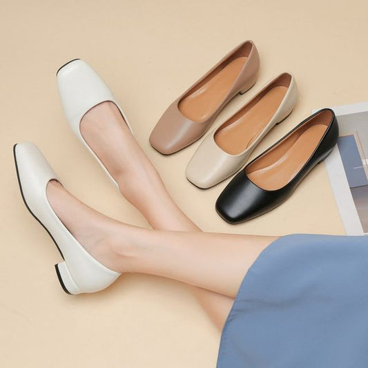 Toe Block Square Leather Plain Faux Heel Pumps