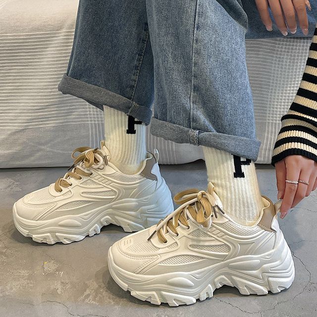 Sneakers Faux Tone Mesh Two Lace-Up Leather Platform Panel