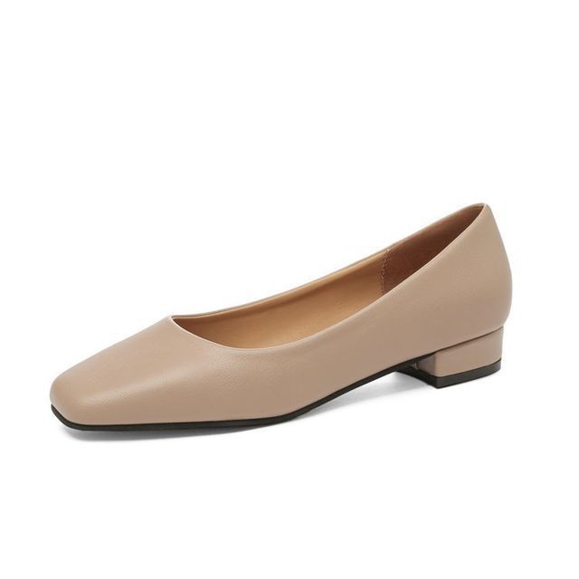 Toe Block Square Leather Plain Faux Heel Pumps