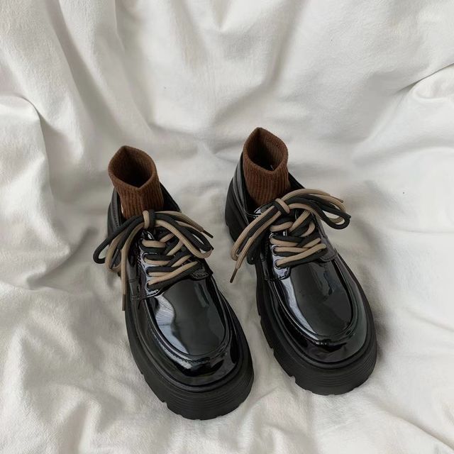 Faux Platform Shoes Lace-Up Leather