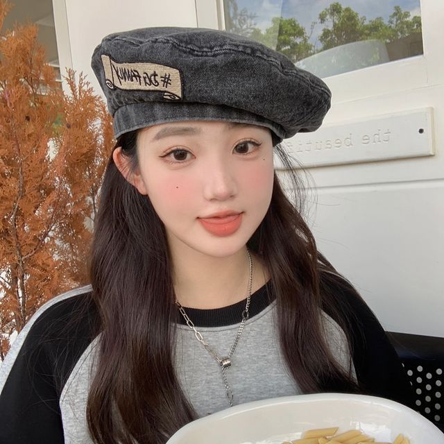 Lettering Embroidered Hat Denim Beret