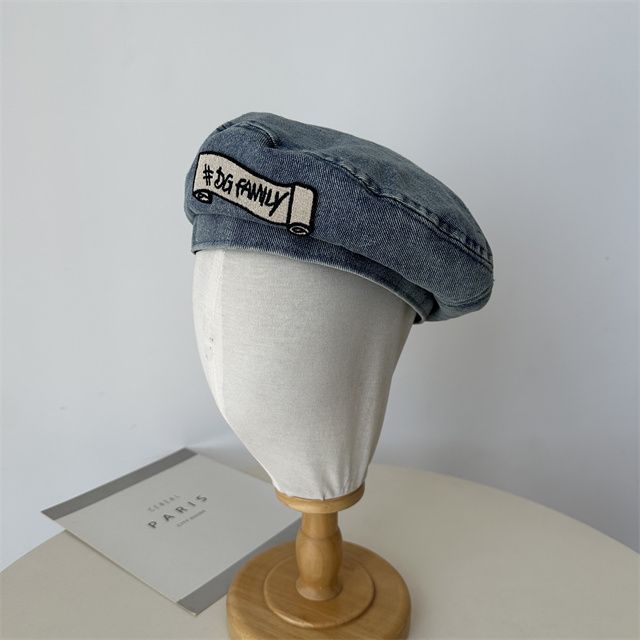 Lettering Embroidered Hat Denim Beret