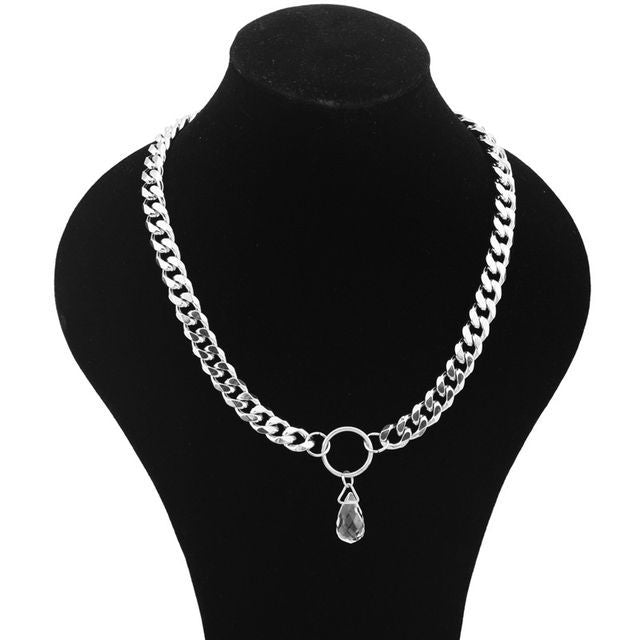 Droplet Faux Crystal Pendant Chunky Stainless Steel Choker