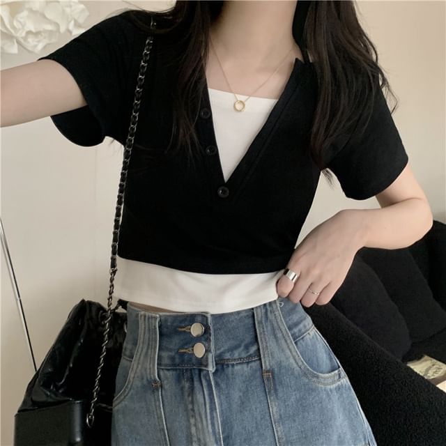 Two-Piece Mock Halter Top Short-Sleeve