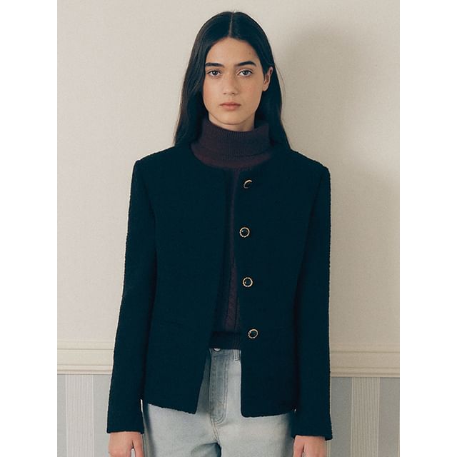 Round-Neck Woolen Button Jacket (Black)