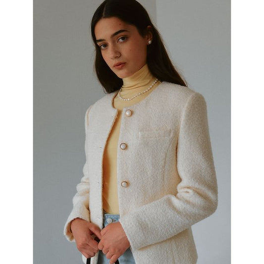 Round-Neck Woolen Button Jacket (Ivory)