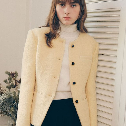 Round-Neck Woolen Button Jacket (Yellow)