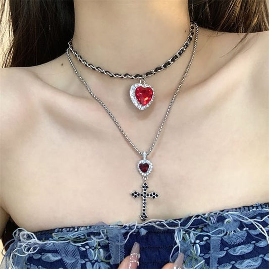 Cross Heart Rhinestone Pendant Layered Alloy Choker / Cross Drop Earring