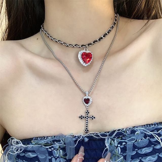 Cross Heart Rhinestone Pendant Layered Alloy Choker / Cross Drop Earring