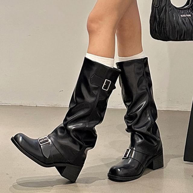 Heel Chunky Boots Tall Buckled