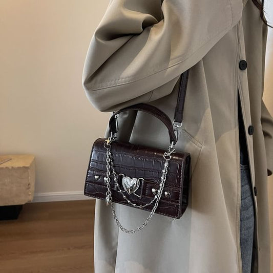 Heart Grain Crossbody Buckled Croc Bag Flap