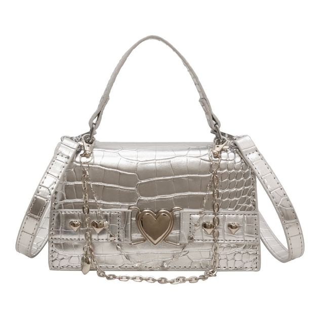 Heart Grain Crossbody Buckled Croc Bag Flap