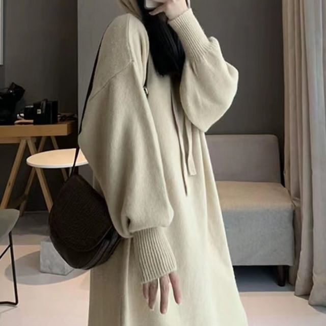 Hoodie Long-Sleeve Plain Dress Knit Midi
