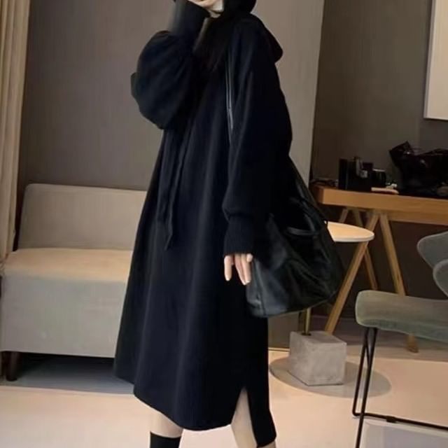 Hoodie Long-Sleeve Plain Dress Knit Midi