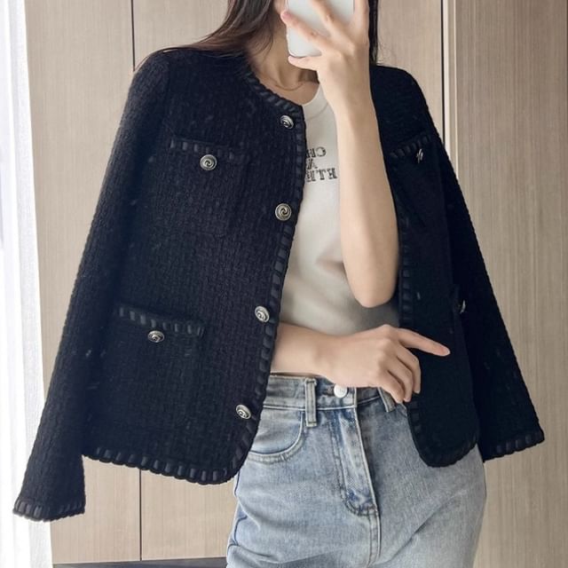 Pocketed Button-Up Tweed Jacket