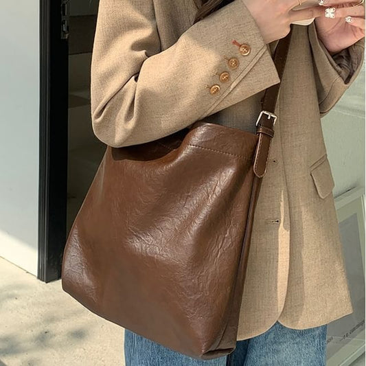 Bucket Faux Plain Leather Crossbody Bag