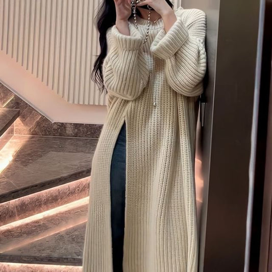 Neck Slit Sweater Midi Crew Dress Plain
