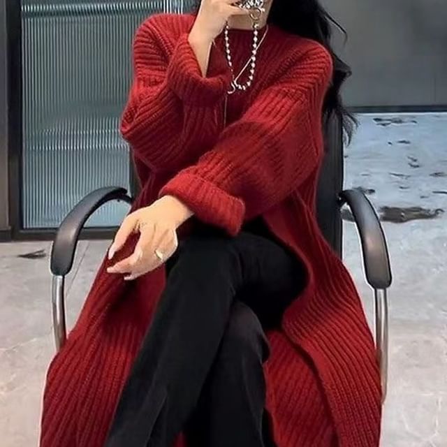 Neck Slit Sweater Midi Crew Dress Plain