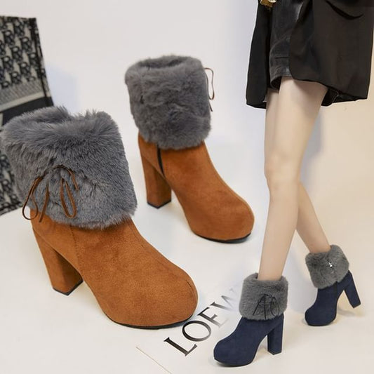 Fluffy Boots Ankle Chunky Trim Heel Platform