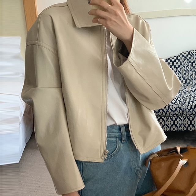 Faux Leather Collared Zip-Up Jacket