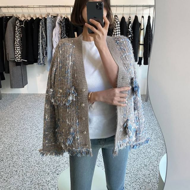V-Neck Tweed Tasseled Button-Up Cardigan