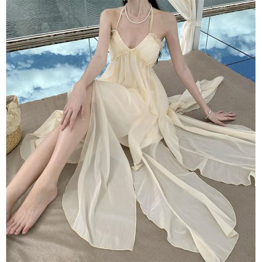 Neck A-Line Trim Open Plain Ruffle Dress Maxi Back Halter Asymmetrical Frill