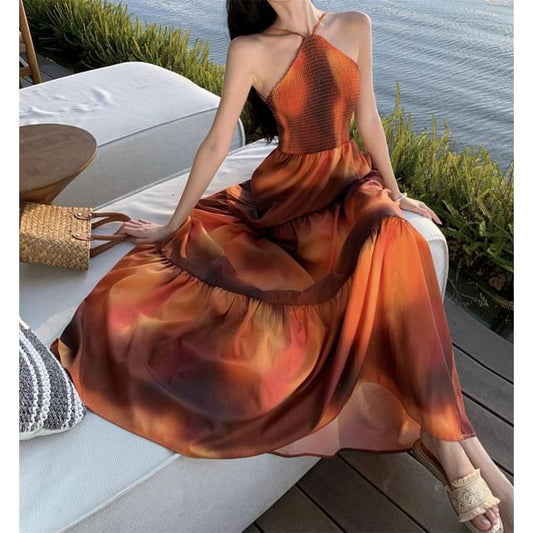 Halter Neck Open Dress Tie Smocked Maxi Back Dye A-Line