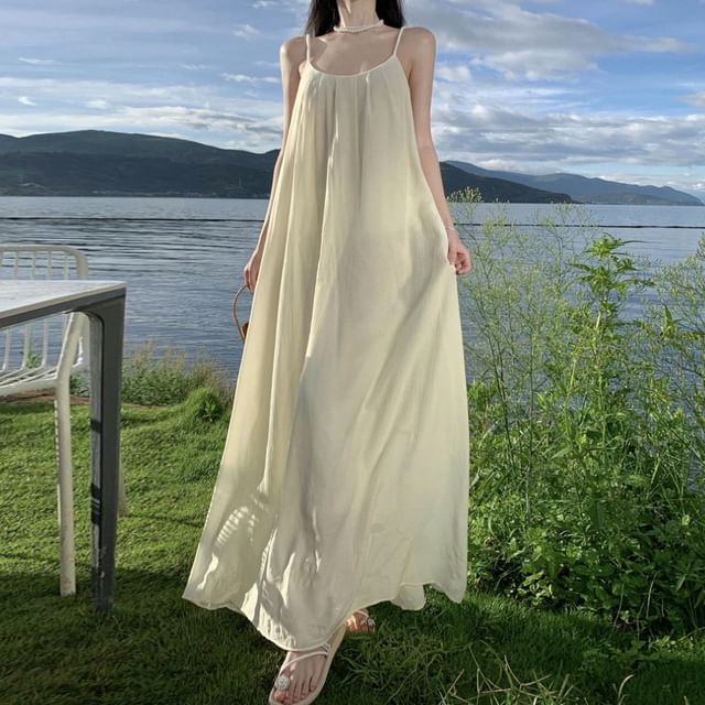 Dress Strap Maxi Plain Back Open A-Line Neck Spaghetti Scoop