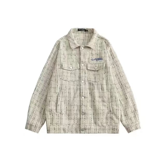 Collared Lettering Embroidered Tweed Button-Up Jacket
