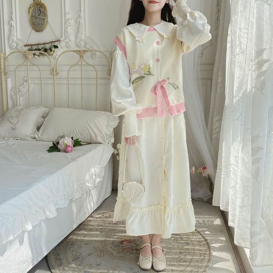 Long-Sleeve Collar Plain Bow Button Midi A-Line Dress / Crew Neck Floral Button Sweater Vest