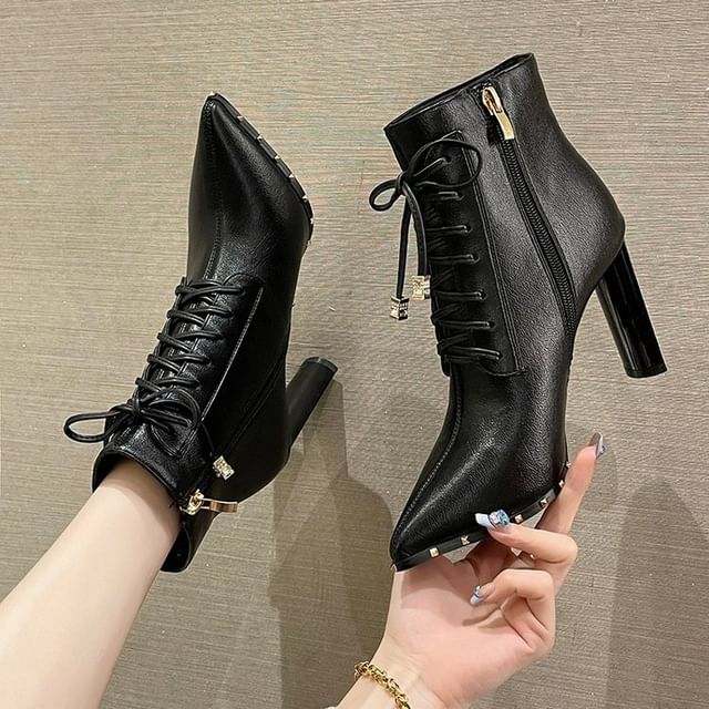 Pointed Heel Ankle High Boots Lace-Up