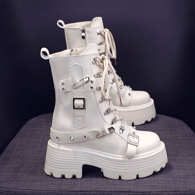 Faux Short Leather Platform Boots Lace-Up Heel Chunky Buckled