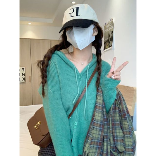 Hooded Button-Up Cardigan Plain