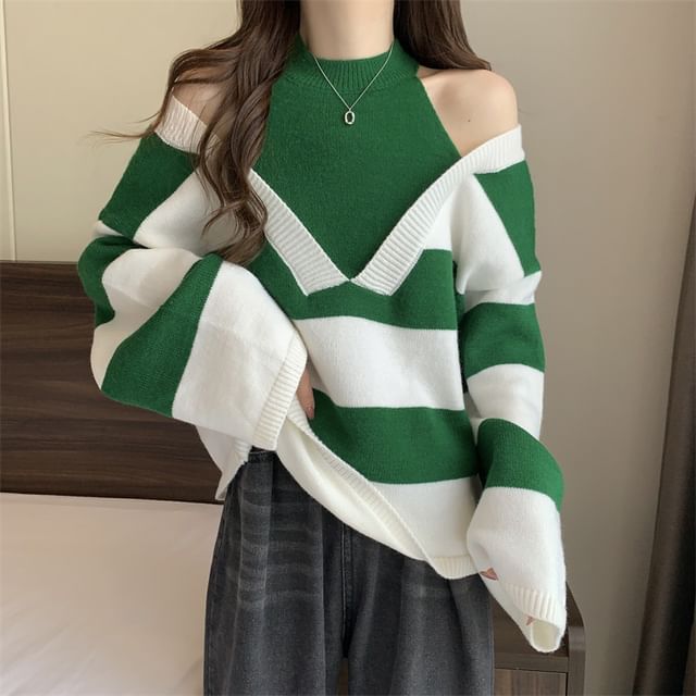 Long-Sleeve Sweater Striped Two-Piece Mock