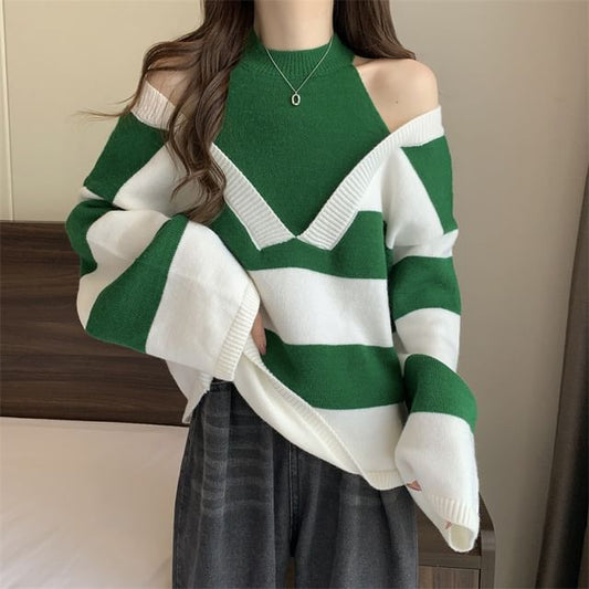Long-Sleeve Sweater Striped Two-Piece Mock