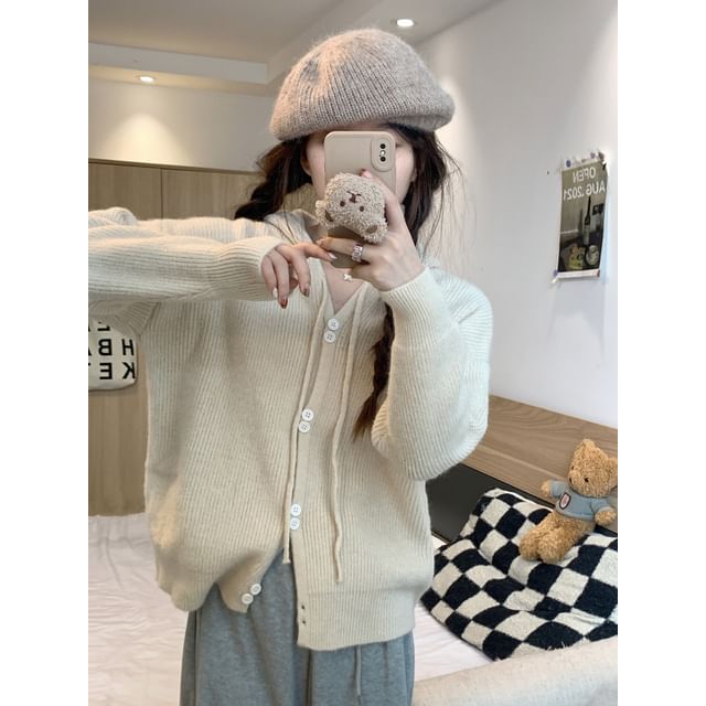 Hooded Button-Up Cardigan Plain