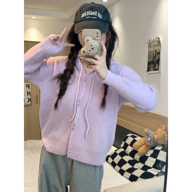 Hooded Button-Up Cardigan Plain