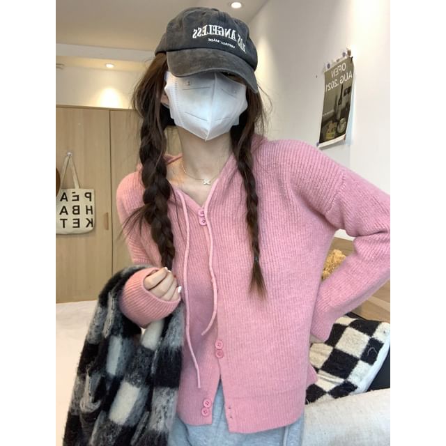 Hooded Button-Up Cardigan Plain