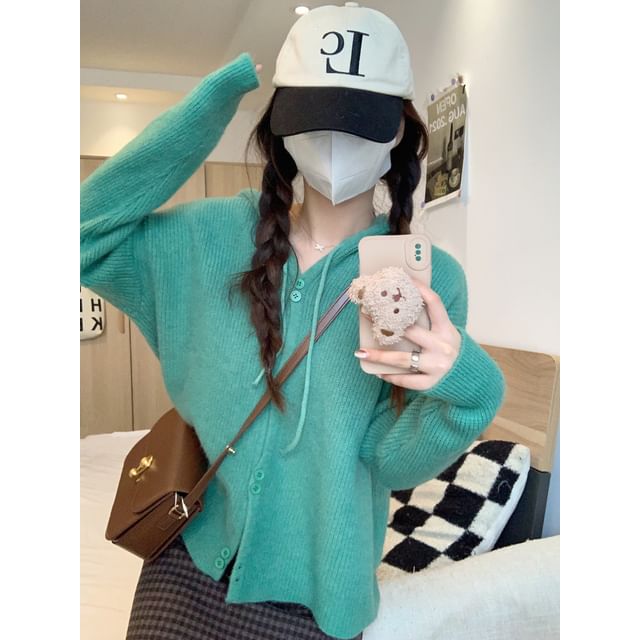 Hooded Button-Up Cardigan Plain