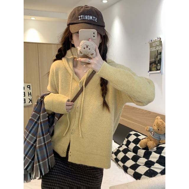 Hooded Button-Up Cardigan Plain