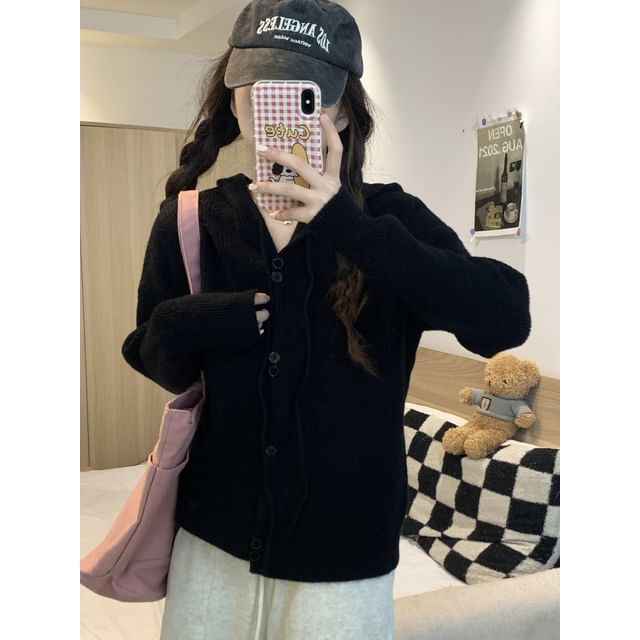 Hooded Button-Up Cardigan Plain