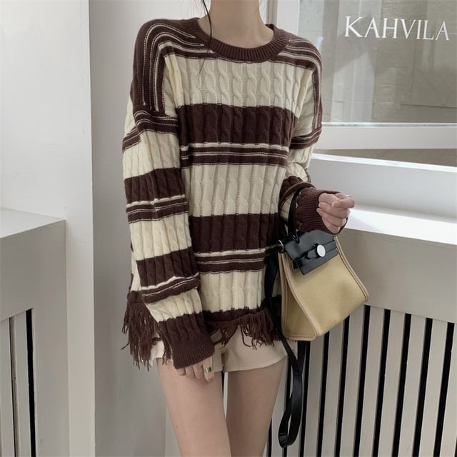 Sweater Striped Frayed Loose-Fit
