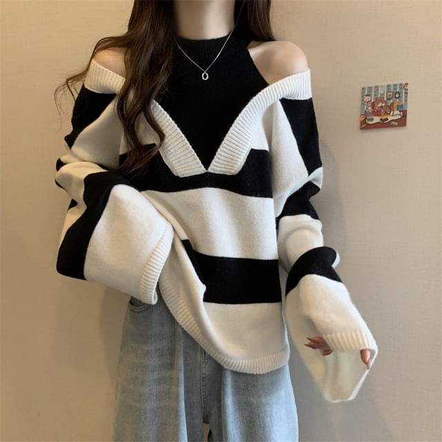 Long-Sleeve Sweater Striped Two-Piece Mock