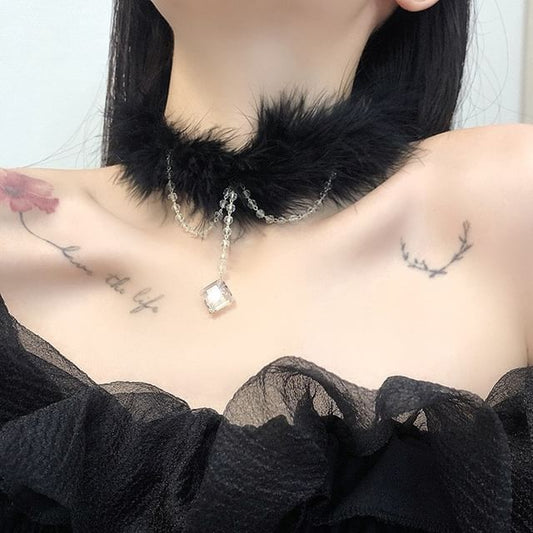 Faux Crystal Pendant Chenille Choker